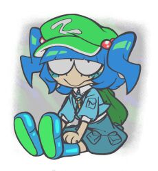  1girl black_eyes blue_boots blue_hair blunt_bangs blush boots chibi chibi_only closed_mouth full_body green_hat hair_bobbles hair_ornament hat highres kawashiro_nitori key looking_at_viewer rubber_boots short_sleeves short_twintails sitting smile solo touhou twintails vaikazz 