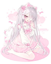  1girl animal_ear_hairband animal_ears bib_collar bow bowtie cat_ears cat_tail center_frills choker claw_pose commentary_request commission dress dress_bow dress_over_shirt eyepatch fake_animal_ears fashion fingernails frilled_choker frilled_dress frilled_eyepatch frills hair_between_eyes hair_bow hair_ornament hair_over_shoulder hairband hand_up heart heart-shaped_pillow heart_tail highres layered_dress lolita_hairband long_hair medical_eyepatch nail_art original paw_print_soles pill pill_hair_ornament pill_in_mouth pillow pink_bow pink_bowtie pink_choker pink_dress pink_eyes pink_nails pink_theme ringed_eyes shirt signature simple_background sitting skeb_commission sleeve_bow solo tail thigh-highs tongue tongue_out very_long_hair wariza watermark white_background white_hair white_shirt white_thighhighs yami_kawaii yu_o015 