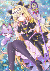  1girl antenna_hair black_bow black_dress black_necktie blonde_hair bow braid brooch closed_mouth commentary_request cure_arcana_shadow dress earrings foot_out_of_frame gloves gradient_hair hair_between_eyes hair_intakes hair_ornament half_up_braid heart heart_brooch highres holding holding_rod jewelry long_hair looking_at_viewer magical_girl mashu-tan meitantei_precure! moria_luluka multicolored_hair necktie pink_eyes pink_hair precure purple_nails purple_thighhighs purple_veil rinco rod solo tear_arcana_rod thigh-highs thighs veil wand 