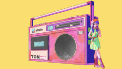  1girl beret blue_hair boombox cassette_tape commentary dress english_commentary food full_body green_dress hair_over_shoulder hand_up hat highres holding holding_food holding_popsicle long_hair original oversized_object pink_ribbon pink_shoes pink_socks platform_shoes popsicle red_hat ribbon shoes simple_background socks solo standing striped_clothes striped_dress tendonman vertical-striped_clothes vertical-striped_dress waist_ribbon yellow_background 