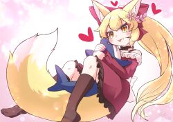  1girl animal_ear_fluff animal_ears bare_shoulders blush bra_strap brown_leggings brown_trim commentary_request dress eyelashes facing_viewer fins fish_tail fluffy_tail fox_ears fox_girl fox_tail frilled_dress frills hair_between_eyes hair_ornament hairpin heart highres holding holding_stuffed_toy karasuma_amiru large_tail leggings long_hair long_sleeves long_tail looking_at_viewer lying no_shoes open_mouth original pink_background pointy_ears red_dress ribbon shark shark_tail stuffed_toy tail tail_under_clothes tongue tongue_out white_ribbon yellow_eyes yellow_tail 