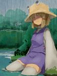  blonde_hair closed_eyes eyes_closed feet_in_water forest hair_ribbon hat long_sleeves moriya_suwako nature partially_submerged payot rain ribbon shiba_murashouji short_hair sitting skirt skirt_set soaking_feet solo thigh-highs thighhighs touhou water white_legwear wide_sleeves 