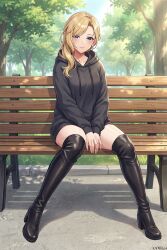  1girl absurdres alternate_costume arms_between_legs artist_name azur_lane bench black_boots black_hoodie blonde_hair blue_eyes boots chinese_commentary closed_mouth commentary_request day earrings fingernails full_body hair_over_shoulder high_heels highres hood hood_(azur_lane) hood_down hoodie jewelry long_hair long_sleeves on_bench outdoors park_bench sitting solo thigh_boots tree xnnagu 