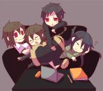  black_hair brown_hair cellphone computer durarara!! folder fur_trim glasses jacket laptop niwako orihara_izaya orihara_kururi orihara_mairu phone red_eyes saliva siblings sleeping yagiri_namie 