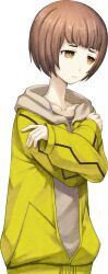  1girl arms_around_self bob_cut brown_hair brown_hood brown_hoodie coat collarbone facing_to_the_side from_side game_asset green_coat hood hood_down hoodie huke jacket long_sleeves looking_to_the_side nakase_katsumi narrowed_eyes official_art pensive pink_shirt science_adventure shirt short_hair solo steins;gate steins;gate_0 t-shirt tachi-e tomboy transparent_background yellow_eyes 