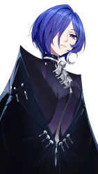  1girl absurdres black_cloak blue_hair cloak commentary_request crescent crescent_earrings earrings elidrich_lee english_commentary hair_over_one_eye highres jewelry looking_at_viewer mixed-language_commentary parted_lips promeia_(zenless_zone_zero) simple_background solo upper_body violet_eyes white_background zenless_zone_zero 