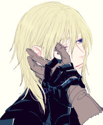  2boys armor black_armor blue_eyes breastplate brown_gloves closed_mouth commentary dimitri_alexandre_blaiddyd dimitri_alexandre_blaiddyd_(timeskip) emushino fire_emblem fire_emblem:_three_houses gauntlets gloves hair_between_eyes hand_on_another's_face hand_on_another's_wrist male_byleth_(fire_emblem) male_focus medium_hair multiple_boys no_eyepatch one_eye_closed out_of_frame portrait simple_background solo_focus twitter_username untranslatable_commentary white_background 