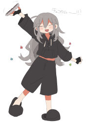  >_< 1girl :d absurdres arm_up black_gloves black_hoodie black_pants black_slippers blush_stickers chocolate_tart closed_eyes commentary_request dot_nose drawstring facing_viewer fingerless_gloves food full_body gloves grey_hair highres holding holding_food hood hood_down hoodie long_hair long_sleeves open_mouth original pants saltchiyiro105 simple_background slippers smile solo standing standing_on_one_leg star_(symbol) translation_request white_background xd 