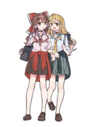  2girls alternate_costume bag black_choker blonde_hair blue_bow blush bow braid brown_eyes brown_hair brown_shoes brown_skirt choker clothes_around_waist collared_shirt commentary_request contemporary frilled_bow frilled_hair_tubes frills full_body green_skirt green_sweater gyaru hair_bow hair_tubes hakurei_reimu highres kirisame_marisa loafers locked_arms long_hair multiple_girls neck_ribbon necktie nnn_lu open_mouth pendant_choker pink_shirt pleated_skirt red_bow red_eyes red_ribbon red_sweater ribbon school_bag school_uniform scrunchie shirt shoes side_braid simple_background single_braid skirt smile sweater sweater_around_waist touhou white_background white_shirt wrist_scrunchie yellow_eyes yellow_necktie yukkuri_shiteitte_ne yuri 
