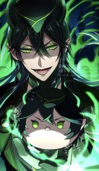 1boy black_gloves black_hair black_jacket blurry blurry_background castle commentary_request crossed_bangs diasomnia_dorm_uniform dragon_horns eyeshadow fire gloves green_eyes green_eyeshadow green_fire green_hat hat highres holding holding_stuffed_toy horns jacket looking_at_viewer lower_teeth_only makeup male_focus malleus_draconia open_mouth pointy_ears rei_(rei_illust_game) slit_pupils smile solo stuffed_toy teeth tongue tsum-tsum twisted_wonderland upper_body watermark 