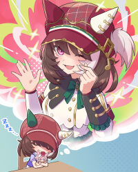 1girl absurdres animal_ears blush bow bowtie breasts brown_hair chair closed_eyes closed_mouth commentary_request ear_covers ears_through_headwear finger_heart hair_between_eyes hand_puppet hat highres horse_ears horse_girl imagining jacket long_sleeves marche_lorraine_(racing)_(umamusume) marche_lorraine_(umamusume) mismatched_ear_covers nanobooooooost on_chair one_eye_closed open_mouth puffy_short_sleeves puffy_sleeves puppet purple_bow purple_bowtie purple_shirt sailor_collar sailor_shirt school_uniform shirt short_hair short_sleeves sitting skirt sleeping smile speech_bubble table thought_bubble tracen_school_uniform umamusume violet_eyes white_jacket white_sailor_collar white_skirt zzz 