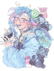  1boy antennae backpack bag bag_charm black_choker black_shirt blue_bag blue_eyes blue_hair blue_jacket blue_nails blue_tongue bottle charm_(object) choker colored_tongue commentary_request constricted_pupils crazy_eyes earrings flower gun heterochromia highres holding holding_gun holding_weapon jacket jewelry long_sleeves looking_at_viewer male_focus milk_bottle mixed_media multicolored_hair nail_polish open_mouth original pink_hair ring rose sanpaku sharp_teeth shigure0528 shirt short_hair solo star_(symbol) stuffed_animal stuffed_toy teddy_bear teeth traditional_media upper_body weapon white_background 