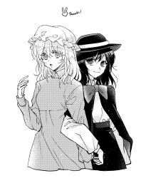  2girls black_cape black_hair black_hat black_skirt bow bowtie cape closed_mouth collared_dress collared_shirt commentary dress greyscale hat kaito_(kaixm) locked_arms long_hair long_sleeves maribel_hearn medium_hair mob_cap monochrome multiple_girls open_mouth shirt shirt_tucked_in skirt smile standing thank_you touhou usami_renko white_hat white_shirt 