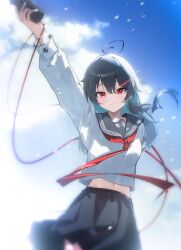  1girl ahoge aqua_hair arm_behind_back arm_up black_hair black_sailor_collar black_skirt blue_archive blue_sky can character_request check_character check_copyright chinese_commentary closed_mouth clouds cloudy_sky colored_inner_hair commentary_request copyright_request cowboy_shot day hair_between_eyes hair_ornament hairclip highres holding holding_can long_sleeves looking_at_viewer midriff_peek monster_energy multicolored_hair navel neckerchief red_eyes red_neckerchief sailor_collar shirt skirt sky solo taihou_(azur_lane) two-tone_hair white_shirt yubo_(youzidmw) 