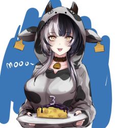  1girl animal_costume bell black_hair breasts candle cheese cow_costume cowbell food gloryaldelly grey_hair holding holding_plate hololive hololive_english hood hood_up large_breasts long_hair looking_at_viewer multicolored_hair number_candle open_mouth plate shiori_novella solo split-color_hair two-tone_hair virtual_youtuber yellow_eyes 