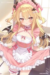  1girl bat_hair_ornament black_horns blonde_hair blurry blurry_background blush bow bow_on_wing breasts buttons choker cleavage_cutout closed_mouth clothing_cutout collarbone commentary_request copyright_notice cowboy_shot criss-cross_halter demon_girl demon_horns demon_wings double-breasted dress floating_hair frilled_choker frilled_dress frilled_gloves frilled_sleeves frilled_thigh_strap frills gloves hair_between_eyes hair_bow hair_ornament halterneck hands_up heart_cutout holding_own_dress horn_ornament horn_ribbon horns indoors long_hair looking_at_viewer maid maid_headdress melonbooks natsuki_marina neck_ribbon orange_eyes original pink_bow pink_dress pink_ribbon puffy_short_sleeves puffy_sleeves ribbon short_sleeves sidelocks small_breasts smile solo thigh_strap twitter_username two_side_up very_long_hair white_bow white_gloves white_ribbon white_sleeves wings 