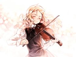  1girl blonde_hair bow_(music) charlotte_francia closed_eyes dress game_asset instrument long_hair oyari_ashito quartett! smile solo striped_clothes striped_dress vertical-striped_clothes vest viola_(instrument) violin 