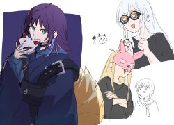  3girls ahoge black_shirt blue_hair cho_kaguya-hime! cropped_torso crossed_arms extra_tails fox_mask fox_tail fushi_(cho_kaguya-hime!) green_eyes grey_hair highres ini_yoy kaguya_(cho_kaguya-hime!) long_hair long_sleeves looking_at_viewer mask medium_hair multicolored_hair multiple_girls novelty_glasses purple_hair rabbit_mask runami_yachiyo sailor_collar sakayori_iroha shirt streaked_hair tail three-quarter_sleeves 