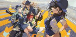  >_< 4girls absurdres armband black_hair black_shoes blue_hair blue_hat blue_jacket blue_skirt blue_vest blurry blurry_background brown_hair collared_shirt commentary cuffs dress_shirt drill_hair dutch_angle english_text glasses glowstick green_eyes grin hair_rings handcuffs hat highres holding holding_glowstick jacket looking_at_viewer looking_back mole mole_under_eye motor_vehicle motorcycle mouse_(animal) multiple_girls necktie on_motorcycle one_eye_closed orange_armband original pantyhose pencil_skirt pink_eyes red_hair road shirt shoes sitting skirt smile socks standing traffic_cone v vest whistle whistle_around_neck white_pantyhose white_shirt white_socks yellow_eyes yellow_necktie z3zz4 