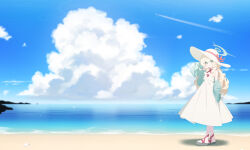  1girl absurdres arm_behind_head bare_shoulders beach blonde_hair blue_archive bow clouds commentary_request contrail criss-cross_halter cumulonimbus_cloud dress full_body green_eyes green_jacket halo halter_dress halterneck hand_up hat highres honi_(honi1010) jacket korean_commentary light_blush long_dress long_hair looking_at_viewer ocean off_shoulder outdoors professor_niyaniya_(blue_archive) red_bow seashell shell sleeveless sleeveless_dress smile solo sun_hat sundress white_dress wide_shot yellow_halo 
