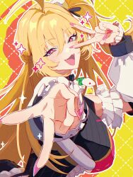  1girl ahoge blonde_hair blush breasts chalky_(zenless_zone_zero) cissia_(zenless_zone_zero) detached_sleeves double_v eyelashes fake_nails fangs fingernails frills hair_between_eyes hair_ornament highres large_breasts long_fingernails long_hair looking_at_viewer lucky_bob open_mouth outline pom_pom_(clothes) pom_pom_hair_ornament red_eyes side_ponytail simple_background snake snake_girl snake_tail sparkle tail upper_body v v_over_eye very_long_hair white_outline white_sleeves white_snake yellow_background yellow_pupils zenless_zone_zero 