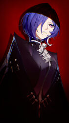  1girl absurdres black_cloak blue_hair cloak commentary_request crescent crescent_earrings earrings elidrich_lee english_commentary hair_over_one_eye highres jewelry looking_at_viewer mixed-language_commentary parted_lips promeia_(zenless_zone_zero) red_background solo upper_body violet_eyes zenless_zone_zero 