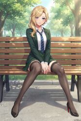  1girl absurdres alternate_costume arms_between_legs artist_name azur_lane bench black_shoes blonde_hair blue_eyes blue_necktie brown_thighhighs chinese_commentary closed_mouth collared_shirt commentary_request day diagonal-striped_clothes diagonal-striped_necktie earrings fingernails full_body green_jacket green_skirt hair_over_shoulder high_heels highres hood_(azur_lane) jacket jewelry legs long_hair long_sleeves multicolored_shoes necktie on_bench open_clothes open_jacket outdoors park_bench red_shoes shirt shoes sitting skirt solo striped_clothes striped_necktie thigh-highs thighs tree two-tone_shoes white_shirt xnnagu 