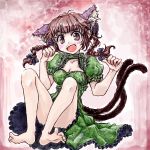  animal_ears barefoot bow braid breasts brown_hair cat_ears cleavage dress extra_ears feet hair_bow kaenbyou_rin multiple_tails nanashii_(soregasisan) open_mouth soles solo tail toes touhou twin_braids 