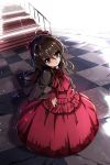  absurdres ahoge baisi_shaonian black_hair brown_eyes brown_hair checkered checkered_floor dress gown hand_on_hip haraguroi_you highres long_hair red_dress shakugan_no_shana shana solo stairs 