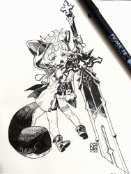  1girl animal_ears arm_guards arms_up artist_logo blunt_bangs blush boots bow commentary dated english_commentary fake_animal_ears fake_tail fingerless_gloves fishnet_thigh_strap flask full_body genshin_impact gloves greatsword highres holding holding_sword holding_weapon hood hood_up jacket leaf leaf_on_head logo looking_up monochrome open_clothes open_jacket open_mouth paper_background pen_(medium) photo_(medium) poch4n raccoon_ears raccoon_tail sayu_(genshin_impact) shirt short_hair short_shorts shorts sleeveless sleeveless_shirt solo sword tail tassel teeth tongue traditional_media upper_teeth_only weapon wolf's_gravestone_(genshin_impact) 