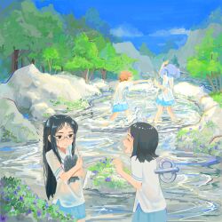  4girls aioi_yuuko animal_hug black_hair blue_hair blue_skirt closed_eyes fish flower glasses highres in_water kyuunn long_hair minakami_mai multiple_girls naganohara_mio nichijou orange_hair outdoors playing river rock scenery school_uniform shinonome_nano shirt short_hair short_twintails skirt splashing tokisadame_school_uniform tree twintails water wet wet_clothes wet_hair wet_shirt wet_skirt white_shirt winding_key 