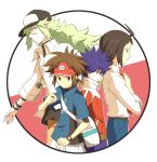  back-to-back bag baseball_cap black_hair brown_hair cheren_(pokemon) fmir green_hair hat height_difference holding holding_poke_ball hue_(pokemon) jacket kyouhei_(pokemon) looking_at_viewer male_protagonist_(pokemon_bw2) multiple_boys n_(pokemon) necktie poke_ball pokemon pokemon_(game) pokemon_bw2 rival_(pokemon_bw2) shoulder_bag smile visor_cap watch wristwatch 