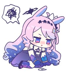  1girl :t animal_ears blue_eyes blue_hands chibi chibi_only closed_mouth colored_extremities commentary_request denia_(wuthering_waves) dress kneeling long_hair mono_(mono_mon) pink_hair pout purple_dress purple_hair rabbit_ears rabbit_girl simple_background solo spoken_squiggle squiggle transparent_background wuthering_waves 