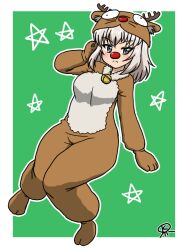 1girl alternate_costume animal_costume antlers bell blue_eyes blush christmas deer_antlers deer_girl girls_und_panzer grey_hair hand_on_own_face horns itsumi_erika jingle_bell looking_to_the_side official_alternate_costume red_nose star_(symbol) takahashi_kurage