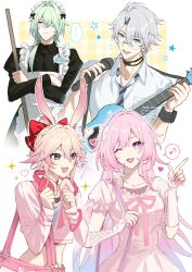  2boys 2girls anaxa_(honkai:_star_rail) animal_ears apron aqua_hair bag black_dress blue_eyes blue_necktie commentary_request crossdressing crossdressing_(mtf) crossed_arms cyrene_(demiurge)_(honkai:_star_rail) cyrene_(honkai:_star_rail) diamond-shaped_pupils diamond_(shape) dress evanescia_(honkai:_star_rail) fox_ears fox_girl glasses green_hair guitar headphones headphones_around_neck highres holding holding_guitar holding_instrument honkai:_star_rail honkai_(series) instrument long_hair maid maid_apron maid_headdress male_maid microphone_stand multicolored_hair multiple_boys multiple_girls musical_note necktie phainon_(honkai:_star_rail) pink_hair shiraki_(shiraki_shiki) shirt short_hair short_hair_with_long_locks shoulder_bag spoken_musical_note symbol-shaped_pupils very_long_hair violet_eyes white_apron white_dress white_hair white_shirt 