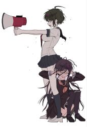  2girls ahoge breasts brown_hair commentary_request danganronpa_(series) danganronpa_another_episode:_ultra_despair_girls fukawa_toko glasses hair_ornament highres holding holding_megaphone large_breasts long_hair long_sleeves megaphone mole mole_under_mouth multiple_girls naegi_komaru neckerchief necktie open_mouth round_eyewear sailor_collar scar scar_on_leg school_uniform serafuku shirt short_hair short_sleeves sitting skirt smile torn_clothes torn_neckerchief white_shirt yuhu_(yf_u_0_0) 