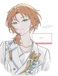  1boy 32o brooch buttons closed_mouth commentary_request double-breasted earrings ensemble_stars! fan_request feature_scout_2_(ensemble_stars!) flower_brooch green_eyes highres jacket jewelry looking_at_viewer low_ponytail male_focus marshmallow_(site) medium_hair necklace official_alternate_costume orange_hair ponytail request_inset shirt short_ponytail simple_background single_earring smile solo translation_request tsukinaga_leo upper_body white_background white_jacket white_shirt 