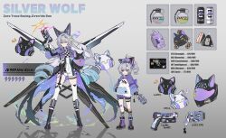 2girls absurdres aged_down alternate_costume animal_ear_helmet animal_helmet bandaid bandaid_on_leg black_boots blue_hair boots can character_name closed_mouth commentary cropped_hoodie drill_hair drill_ponytail drink_can dual_persona earrings english_commentary english_text eye_trail food frown full_body goggles goggles_on_head gradient_hair grey_background grey_eyes grey_hair gun hair_between_eyes handgun helmet highres holding holding_gun holding_unworn_helmet holding_weapon honkai:_star_rail honkai_(series) hood hoodie jewelry level_up light_trail long_sleeves mechanical_wings motorcycle_helmet multicolored_hair multiple_girls onigiri open_mouth papajay_(jennygin2) purple-tinted_eyewear purple_boots shorts silver_wolf_(honkai:_star_rail) silverleveling_(honkai:_star_rail) simple_background stats thigh_boots tinted_eyewear unworn_headwear unworn_helmet weapon wings 