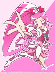  1girl :d artist_name blush boots bow brooch chest_bow choker collarbone commentary cure_blossom curly_sidelocks dress earrings floral_dress flower flower_earrings foreshortening frilled_wrist_cuffs frills full_body hair_bow hair_ornament hanasaki_tsubomi heart heart_brooch heartcatch_precure! high_heel_boots high_heels high_ponytail highres jewelry knee_boots knee_up leg_up long_hair looking_at_viewer magical_girl mayena multicolored_boots multicolored_dress official_style open_hand open_mouth outline outstretched_arm outstretched_hand parted_bangs pink_background pink_boots pink_bow pink_choker pink_dress pink_eyes pink_theme pink_wrist_cuffs ponytail pouch precure puffy_short_sleeves puffy_sleeves reaching reaching_towards_viewer short_dress short_sleeves signature smile solo spread_fingers two-tone_background two-tone_dress umakoshi_yoshihiko_(style) very_long_hair white_background white_boots white_dress white_outline wrist_cuffs 