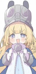  +_+ 1girl blonde_hair blue_eyes blue_jacket blush clenched_hands commentary_request gloves grey_hat hands_up hat highres inaririn jacket large_hat long_hair norma_hollowell open_mouth simple_background solo upper_body very_long_hair white_background white_gloves zenless_zone_zero 