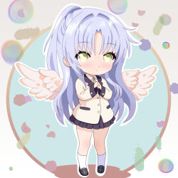  1girl absurdres angel angel_beats! angel_wings black_shoes black_skirt blue_background blush chibi chibi_only closed_mouth collared_shirt commentary eyelashes full_body grey_hair hair_between_eyes hair_intakes half_updo hands_up highres jacket kneehighs loafers long_hair long_sleeves looking_at_viewer miniskirt neck_ribbon outline own_hands_together parted_bangs pleated_skirt ponytail ribbon school_uniform shirt shoes simple_background skirt smile soap_bubbles socks solo standing tachibana_kanade user_ypze8333 very_long_hair white_outline white_shirt white_socks wings yellow_eyes yellow_jacket yellow_pupils yellow_ribbon 
