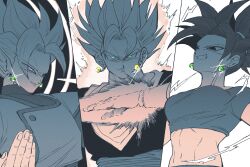  1girl 2boys abs aura black_eyes column_lineup commentary crop_top dougi dragon_ball dragon_ball_super earrings electric_guitar english_commentary fused_zamasu green_eyes guitar halo highres instrument jewelry kefla_(dragon_ball) living_(nsiring) looking_at_another looking_at_viewer multiple_boys ponytail potara_earrings smug spiky_hair super_saiyan toned toned_female toned_male vegetto violet_eyes 