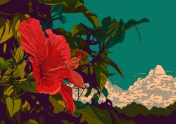  artdroiiid_ii blue_sky clouds commentary day english_commentary flower hibiscus highres ligne_claire nature no_humans original outdoors plant plant_focus red_flower scenery sky stamen summer summer_uniform 