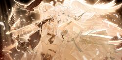  absurdres azur_lane bald_eagle bird bow commentary_request dress eagle enterprise_(azur_lane) grim_(azur_lane) highres illustrious_(azur_lane) light_particles sword weapon wedding_dress wife_and_wife wings xiaoli_(1507) yuri 