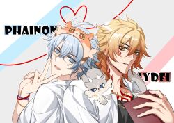  2boys absurdres alternate_costume antenna_hair blonde_hair blue_eyes book braid character_name chest_tattoo chinese_commentary chrysos_heirs_school_uniform collared_shirt commentary_request facial_tattoo glasses gold_necklace gradient_hair highres holding holding_book honkai:_star_rail honkai_(series) jewelry male_focus medium_hair miaowowo2025 multicolored_hair multiple_boys mydei_(fig_stew)_(honkai:_star_rail) mydei_(honkai:_star_rail) neck_tattoo necklace parted_bangs phainon_(honkai:_star_rail) phainon_(vigethos)_(honkai:_star_rail) red_hair red_tattoo school_uniform shirt short_hair side_braid tattoo v white_hair white_shirt yellow_eyes 