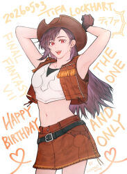  1girl armpits artist_name bare_shoulders belt black_hair breasts brown_hat brown_skirt brown_vest collarbone cowboy_hat cowboy_western cowgirl_(western) crop_top cropped_vest dated earrings final_fantasy final_fantasy_vii final_fantasy_vii_rebirth final_fantasy_vii_remake gloves happy_birthday hat jewelry leather leather_vest linono long_hair looking_at_viewer medium_breasts midriff navel official_alternate_costume red_eyes skirt smile teardrop_earrings tifa_lockhart tifa_lockhart_(cowgirl) vest 