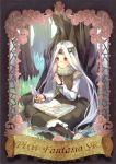  black_legwear blush book dress hairband long_hair nicohi original pantyhose pixiv_fantasia pixiv_fantasia_sword_regalia quill red_eyes silver_hair sitting smile solo tree 