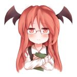  bat_wings bespectacled blush book bust dress_shirt glasses head_wings koakuma long_hair necktie object_hug red_eyes red_hair redhead shirt shize_(coletti) simple_background smile solo touhou white_background wings 
