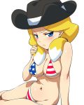  america american_flag_bikini annoyed arm_support bare_shoulders bikini blonde_hair blue_eyes blush breasts character_request cleavage cowboy_hat danball_senki flag_print freckles hairu hat jessica_kaios large_breasts long_hair looking_at_viewer navel shiny shiny_skin simple_background skindentation solo swimsuit two-tone_hair underboob white_hair 