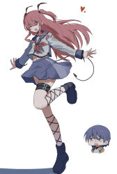 1boy 1girl ;d angel_beats! black_boots black_choker black_ribbon blue_eyes blue_hair blue_sailor_collar blue_skirt blush_stickers boots choker commentary demon_tail floating_hair full_body happy heart hetero highres hinata_hideki krmg leg_ribbon long_hair looking_ahead looking_at_another looking_at_viewer midriff miniskirt navel neckerchief one_eye_closed open_mouth outstretched_hand pink_eyes pink_hair pink_neckerchief pleated_skirt rectangular_mouth ribbon sailor_collar sailor_shirt shinda_sekai_sensen_uniform shirt short_hair sidelocks simple_background skirt smile solo_focus standing standing_on_one_leg tail thigh_strap two_side_up upturned_eyes v-shaped_eyebrows very_long_hair white_background white_shirt yui_(angel_beats!) 
